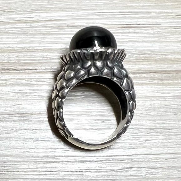 Vintage Designer Dian Malouf Sterling Silver Chunky Textured Onyx Ring, Size 7 - Picture 5 of 11